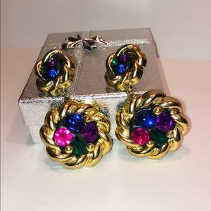 Vintage Multicolor Gem-Gold-Tone Dangle Earrings